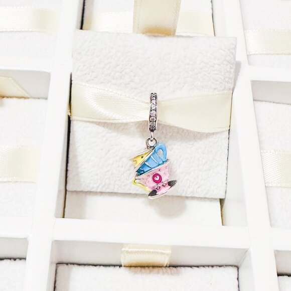 925 Sterling Silver Alice In Wonderland Mad Hatter Cups Dangle Charm Fit Pandora - Picture 1 of 8